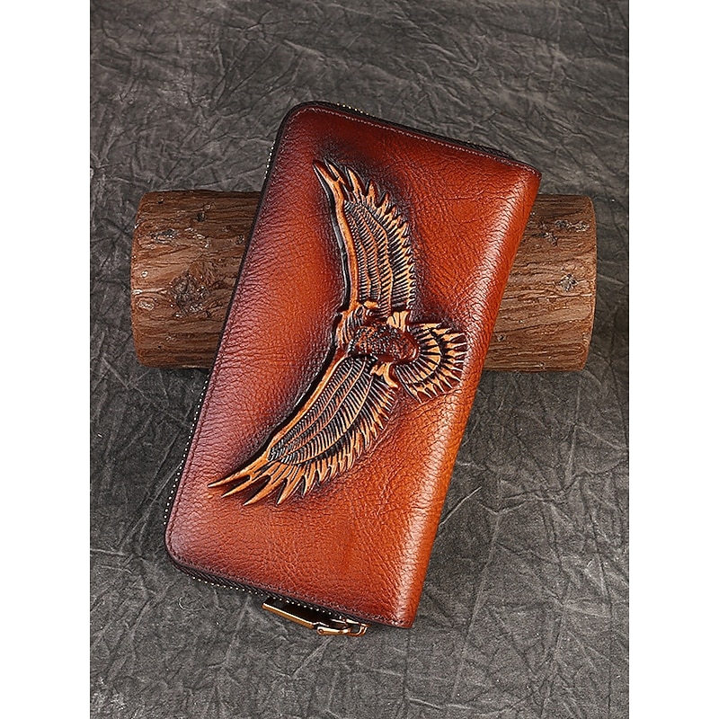 Women's Genuine Leather Long Wallet with Carved Eagle Design, Vintage Zipper Clutch Purse for Stylish Ladies, Perfect for Daily Use and Special Occasions