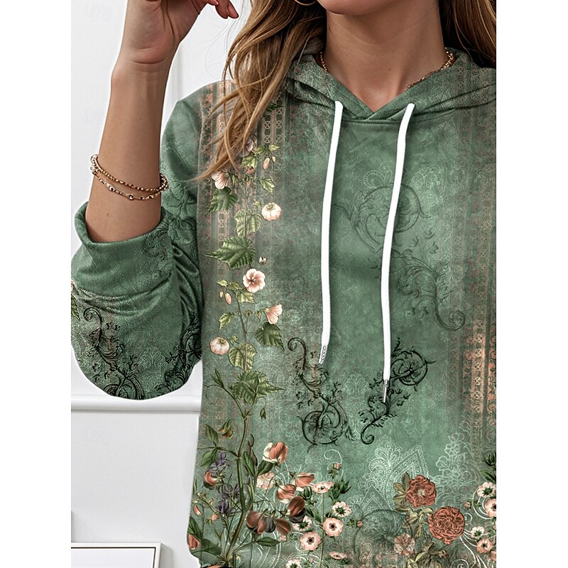 Women's Hoodie Pullover Sweatshirt Oversized Long Sleeve Casual Graphic Floral Warm Active Hooded Regular Tops Street Dailywear Patchwork Print Army Green Spring Fall Winter2