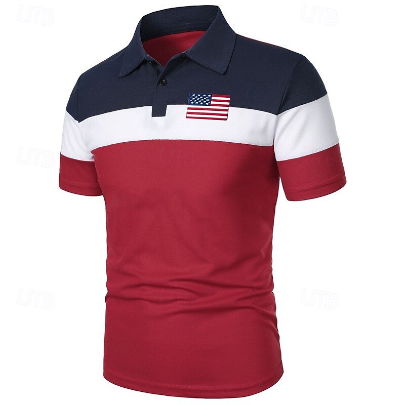 Men's Golf Shirt Golf Polos Shirts Work Casual Lapel Short Sleeve Basic Modern Color Block National Flag Patchwork Buttons Summer Spring Regular Fit Navy Blue Golf Shirt3