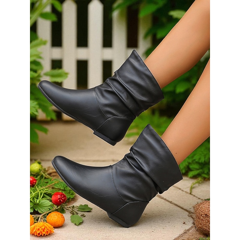 Women's Brown Faux Leather Slouch Boots – Retro Flat Heel Mid-Calf Shoes for Fall, Daily Walking and Casual Outings2