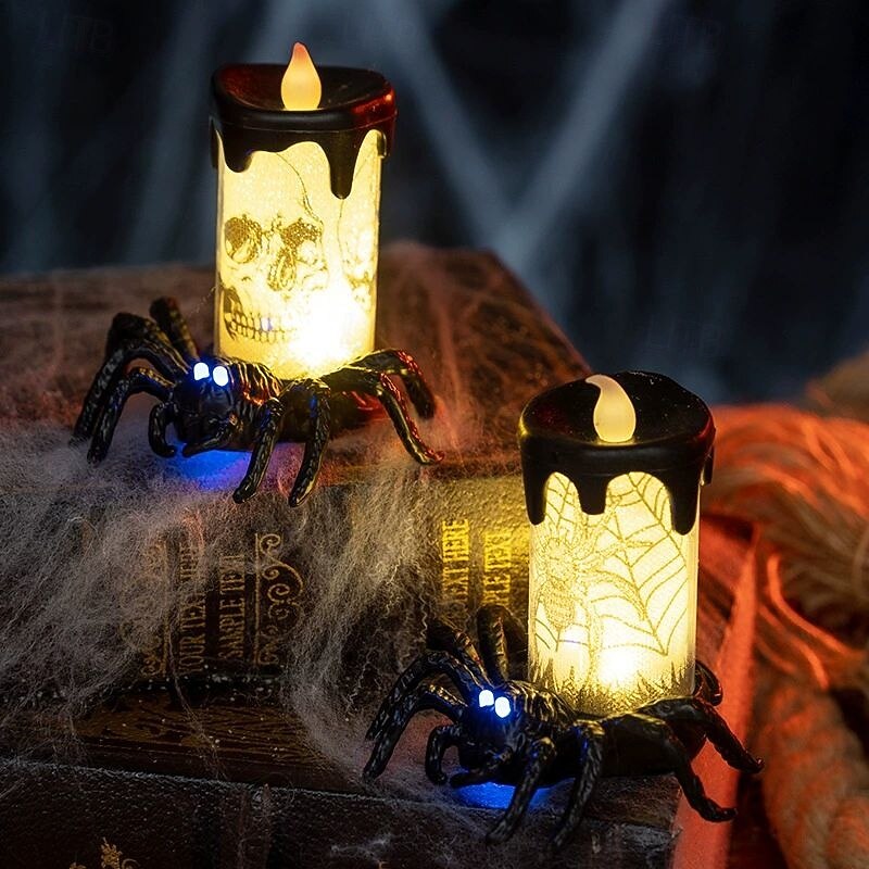 2PCS Halloween Skull Glowing Spider Light Holiday Party Decoration Ornaments LED Candle Halloween Night Light3