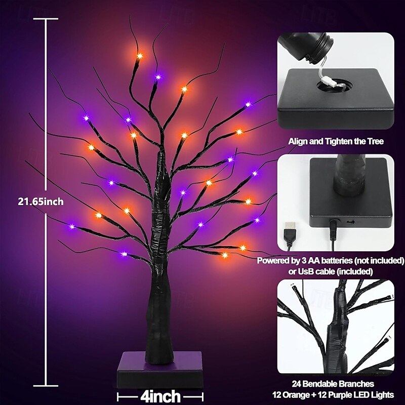 1 Pack 21.65 Inch Black Halloween Tree with Orange Purple Lights USB/Battery Operated Light Up Halloween Table Decorations Spooky Halloween Decorations Indoor Home Mantle Room Party Decor2