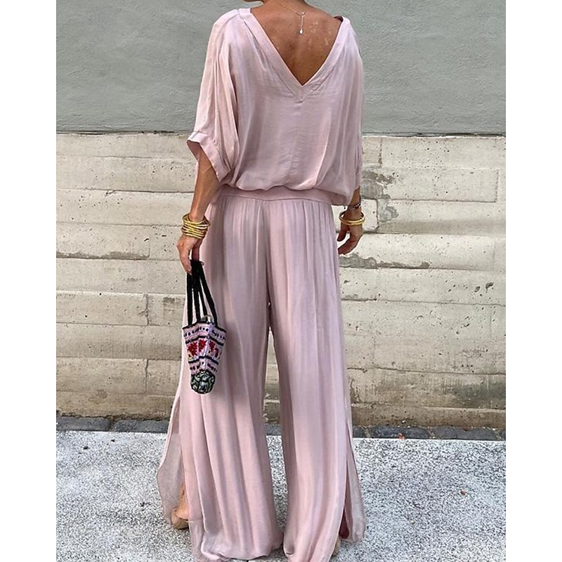 Women's Active Fashion Blouse Pants Sets Half Sleeve V Neck Solid Color Split Thigh Backless Holiday Going out Black White Light Green Fall Regular Fit2