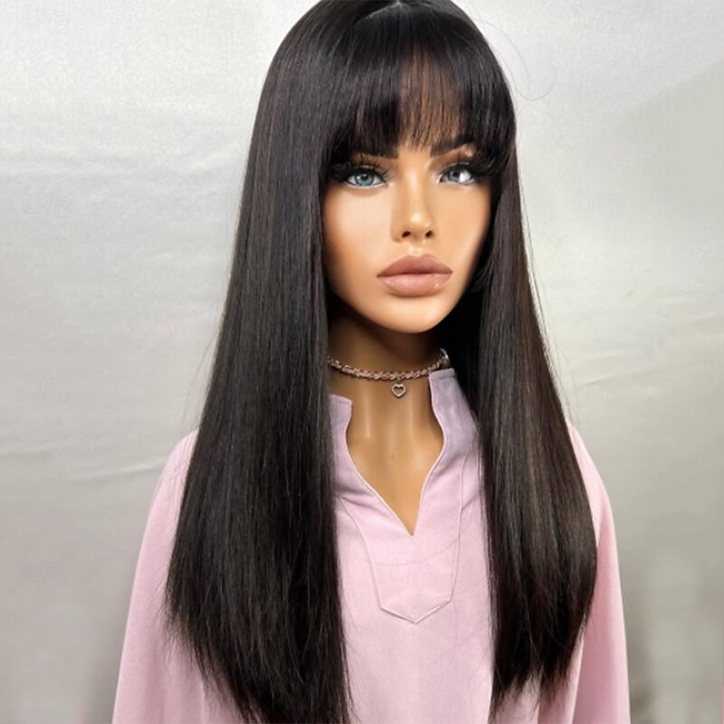 Human Hair 5x5 Closure 13x4 Lace Front Wig With Bangs Brazilian Hair Straight Black Wig 130% 150% Density with Baby Hair Natural Hairline 100% Virgin Glueless For Women Long Human Hair Lace Wig2