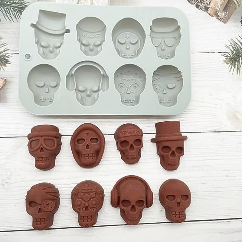 2 Pack Halloween Skull Silicone Molds, Assorted Skull Designs Baking Molds for Cake, Ice Cubes, Candy, Wax, Resin – Reusable Silicone Tray for Halloween Party DIY Crafts3