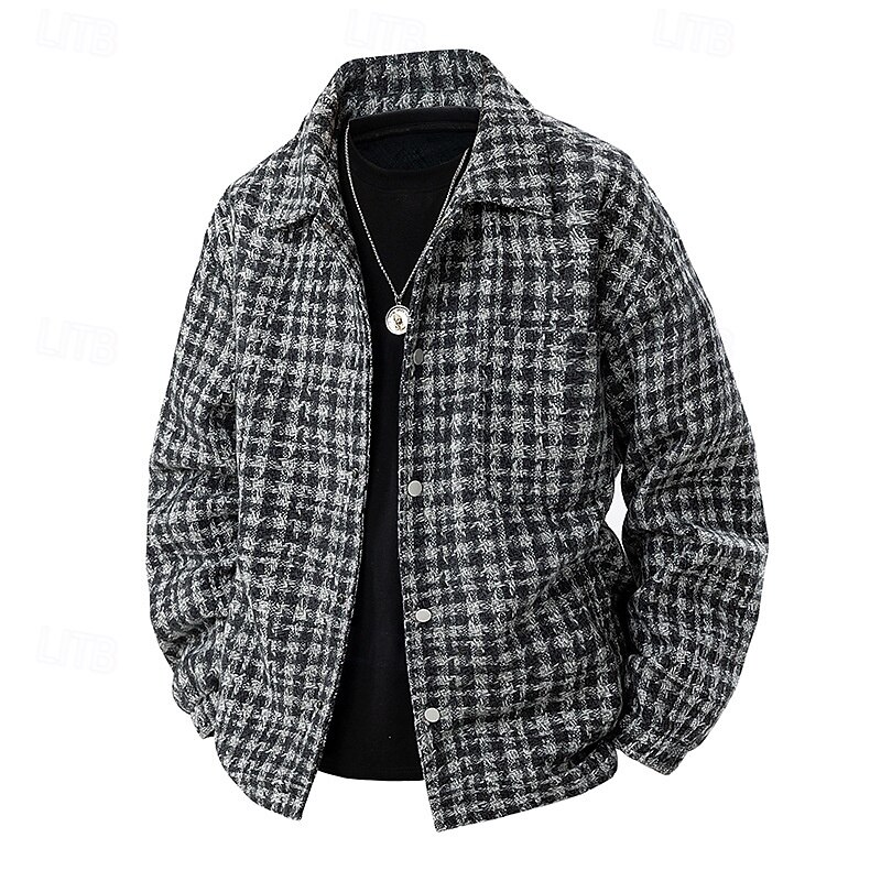 Men's Lightweight Jacket Casual Jacket Vacation Daily Warm Pocket Fall Winter Plaid Fashion Classic Lapel Regular Black Khaki Gray Jacket