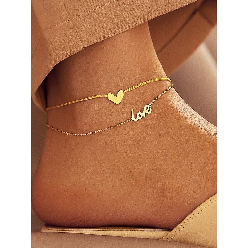Women's Gold Love Heart Layered Anklet – Adjustable Alloy Chain, Elegant Minimalist Design for Summer, Beach and Casual Wear