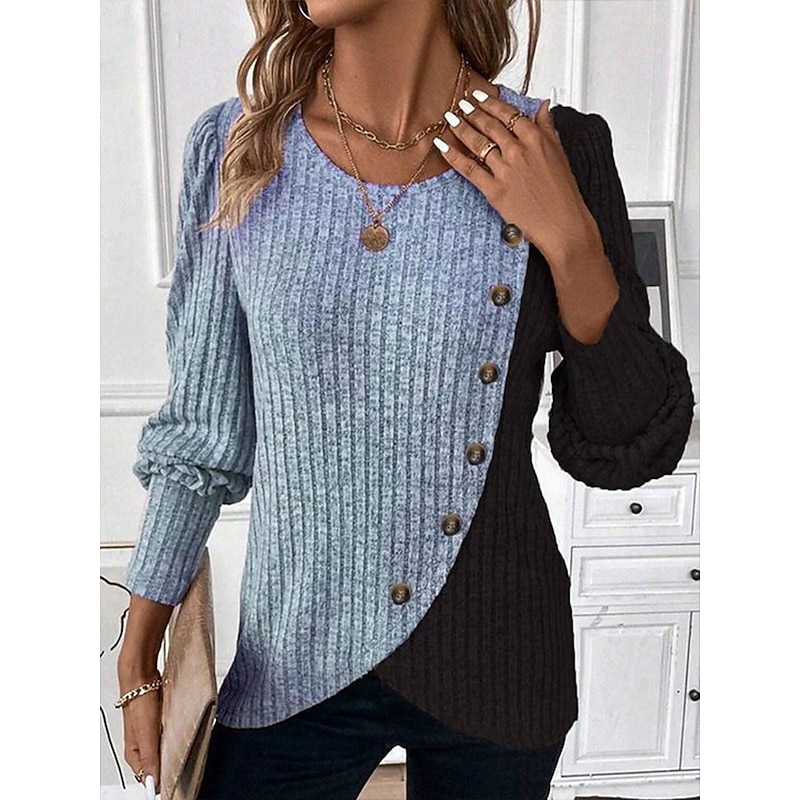 Women's Blouse Geometric Color Block Tropical Stylish Casual Long Sleeve Crew Neck Regular Tops Daily Patchwork Buttons Pink Sky Blue Gray Spring Fall Winter4