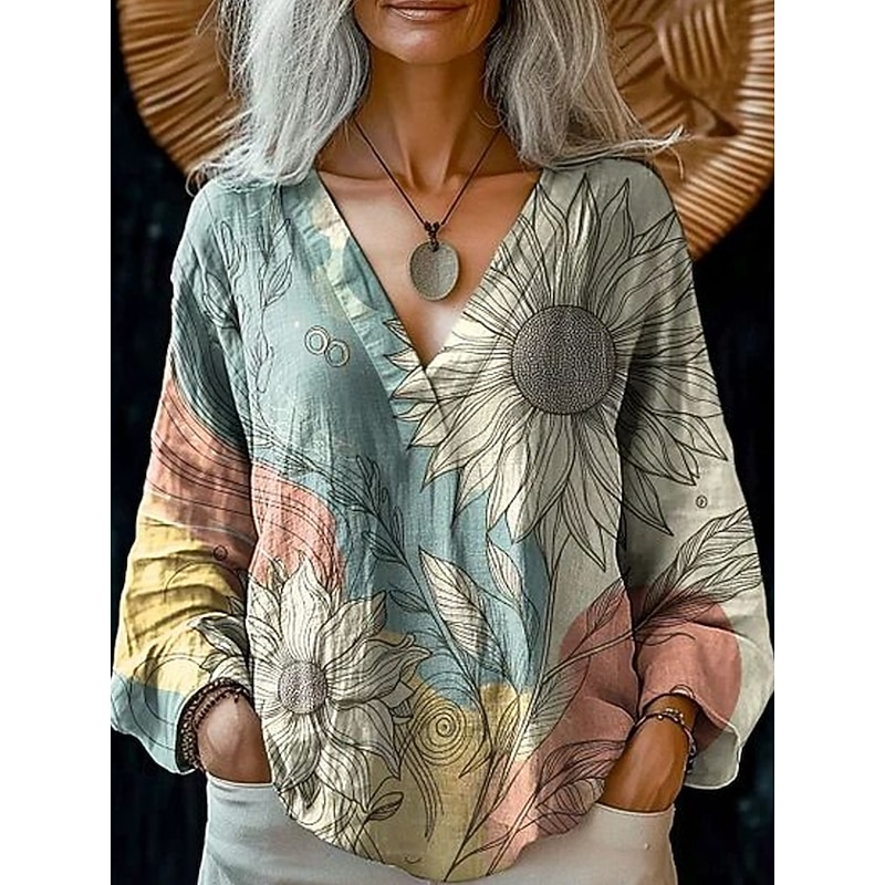 Women's Blouse Floral Retro Vintage Ethnic Long Sleeve V Neck Regular Tops Daily Holiday Print Pink Blue Purple Gray Summer Spring Fall3