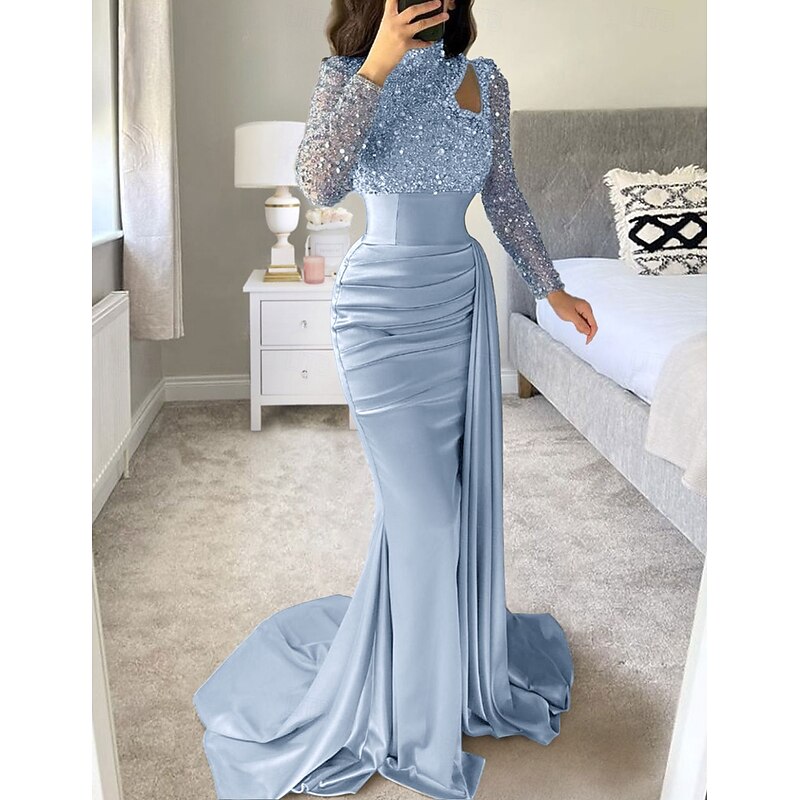 Mermaid Evening Gown Sequin Elegant Dress Formal Sweep / Brush Train Long Sleeve High Neck Satin with Pearls Masquerade Dress4