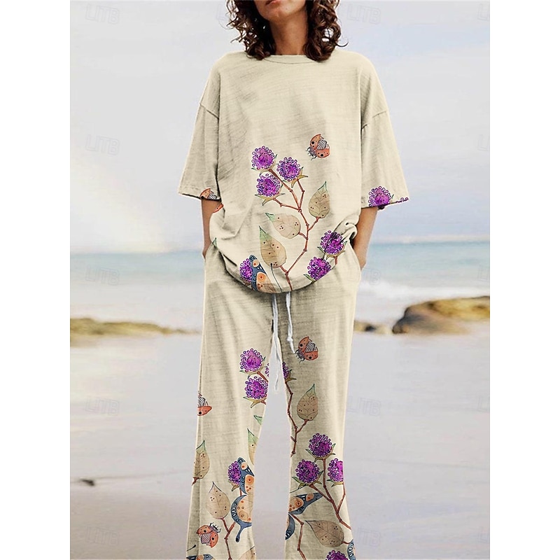 Women's Active Fashion Pants Sets 3/4 Length Sleeve Crew Neck Floral Print Vacation Daily Holiday Khaki Summer Regular Fit