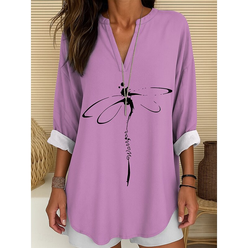 Women's Blouse Tunic V Neck Long Sleeve Boho Casual Tops Graphic Animal Dragonfly Vintage Tropical Regular Tops Daily Wear Print White Blue Purple Green2