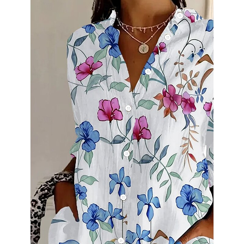 Women's Shirt Button Down Tunic Shirt Collar Long Sleeve Floral Graphic Vintage Tropical Daily Regular Tops Work Daily s Print Pink Light Blue Spring Fall2