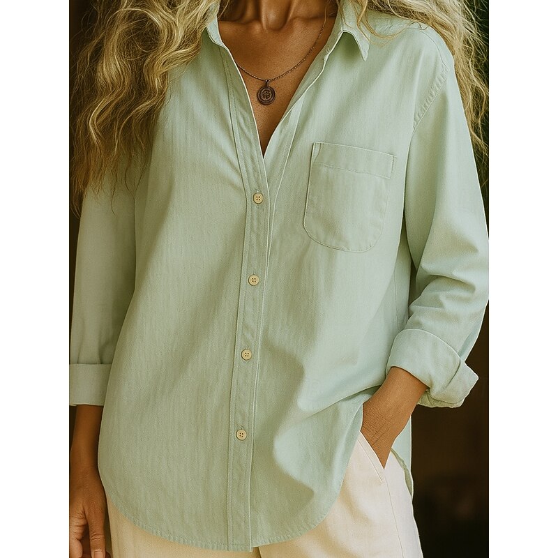 Women's 100% Cotton Shirt Solid Color Bohemia Vintage Daily Long Sleeve Shirt Collar Regular Tops Daily Holiday Pocket White Pink Red Blue Purple Spring, Fall, Winter,4