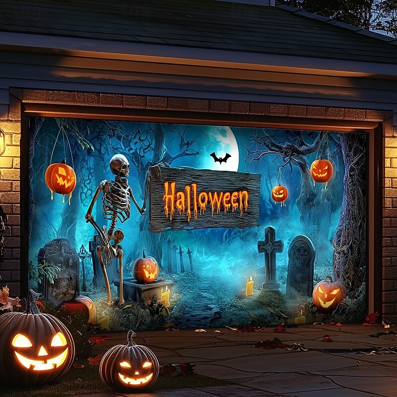 Halloween Garage Door Cover – Pumpkin Patch with "Halloween" Sign & Hanging Bats, Spooky Outdoor Decoration for 2025 Halloween Home Front Yard3