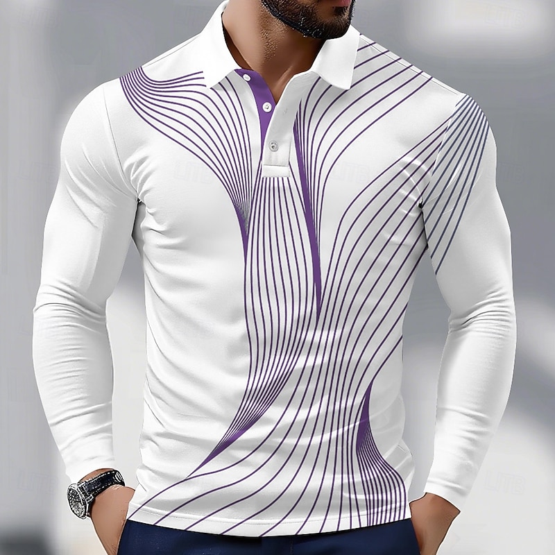 Men's Geometric Line Polo Long Sleeve Polo Shirts Collared Shirts Business Casual Athleisure Daily Wear 3D Print Spring Fall Blue Purple Green3