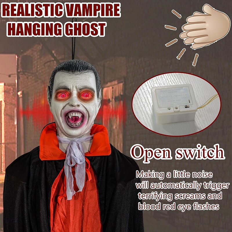 Halloween Hanging Vampire Props, Life Size Hanging Ghost Dead Body, with Voice-activated Sensor & Glowing Eyes, for Halloween Haunted Houses Party Outdoor Decorations3
