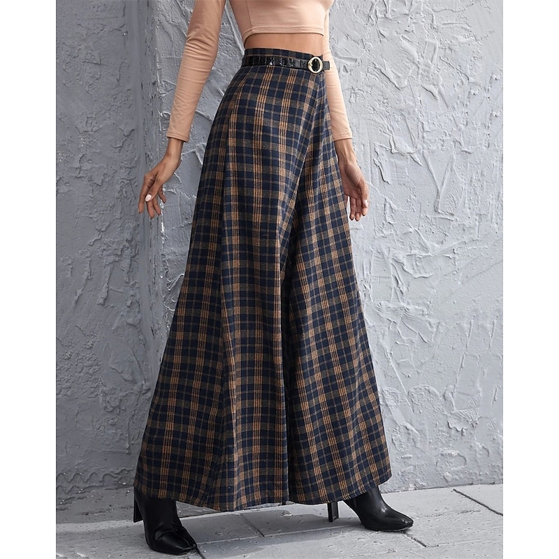 Women's Wide Leg Pants Trousers Palazzo Pants Fashion Streetwear Full Length High Waist Plaid Breathability Comfortable Street Daily Wear Going out Navy Blue Spring Fall Regular Fit3