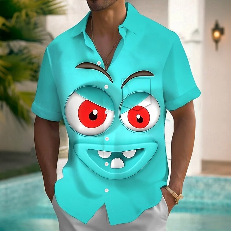 Men's Cartoon Funny Smile Face Shirt Summer Shirt Button Up Shirt Short Sleeve Fashion Casual Outdoor Vacation Dailywear Summer Spring Turndown 3D Print Collared Shirts Front One Pocket Blue