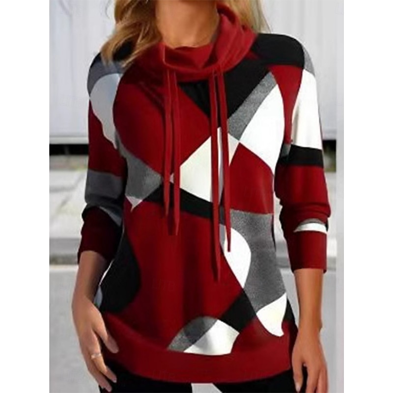 Women's Pullover Sweatshirt Geometric Casual Long Sleeve Turtleneck Regular Tops Street Dailywear Print Red Blue Gray Fall Winter