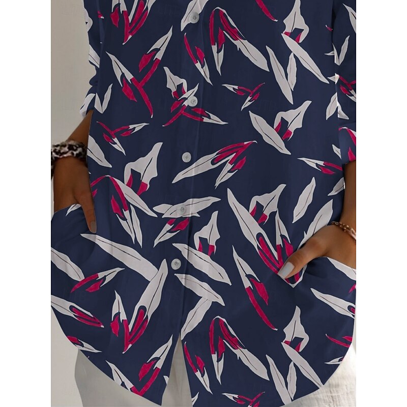 Women's Shirt Leaf Active Daily Stylish Long Sleeve Shirt Collar Regular Tops Daily Holiday Buttons Print Navy Blue Spring Fall2