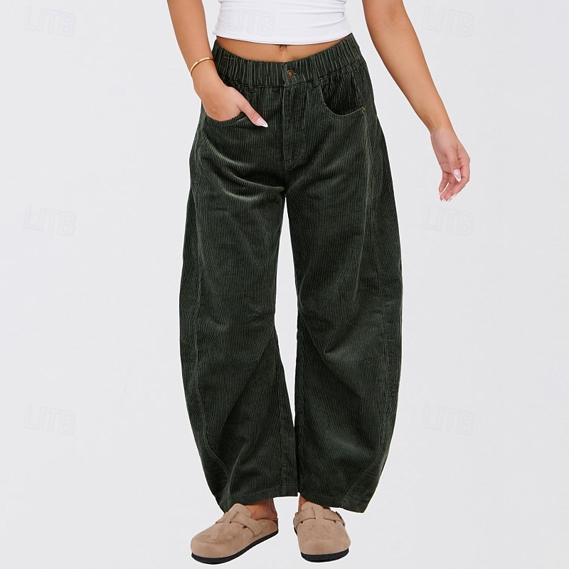 Women's Wide Leg Corduroy Pants Slacks Streetwear Casual Full Length Natural Plain Pocket Elastic Waist Comfortable Street Holiday Weekend Dark-Gray Black Pink Dark Green Fall Regular Fit4