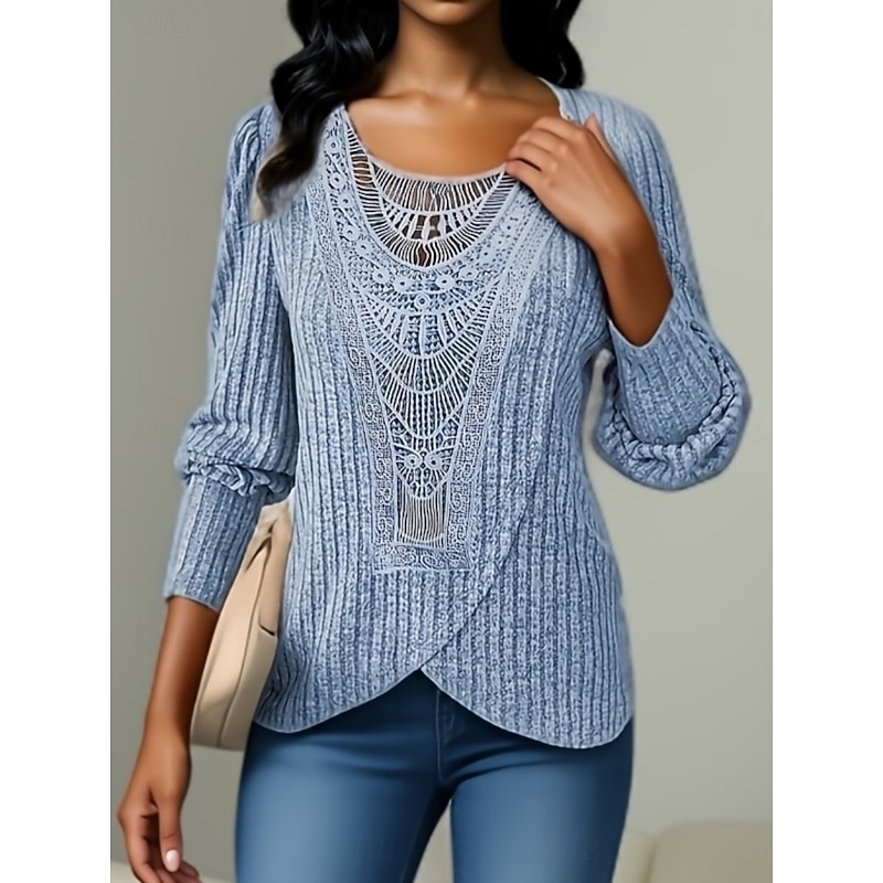 Women's Lace Shirt Solid Color Stylish Casual Long Sleeve Crew Neck Regular Tops Daily Lace Patchwork Pink Blue Gray Summer Spring Fall3