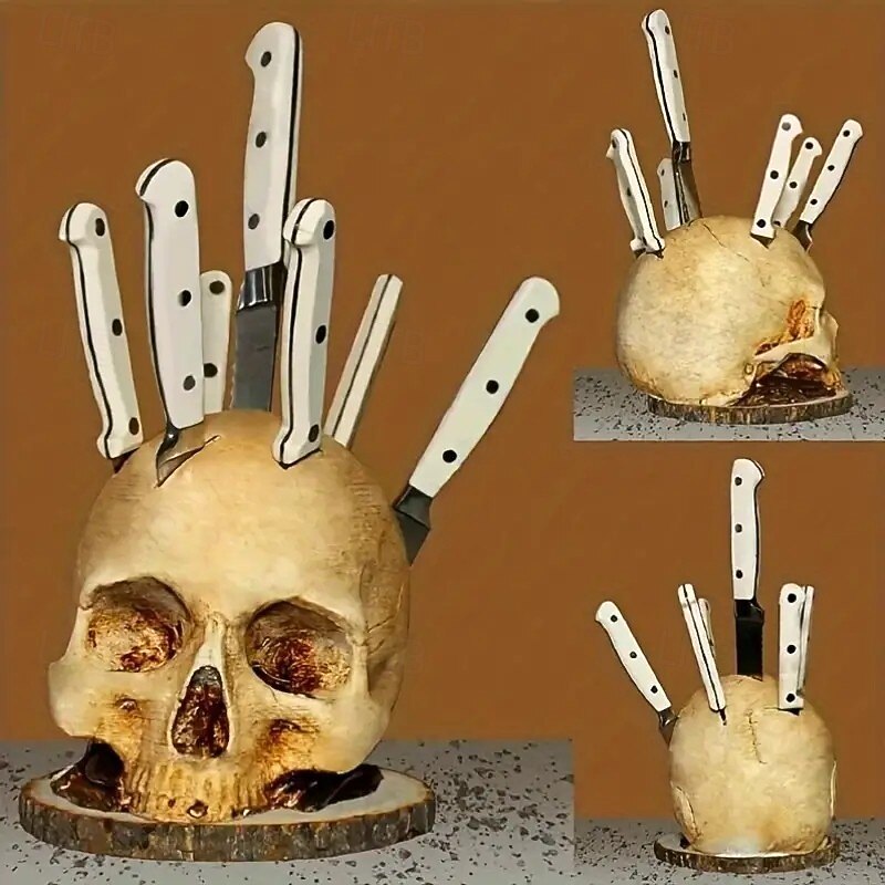 Halloween Skull Knife Holder, Resin Kitchen Skull Knife Rack, Spooky Kitchen Storage Organizer, Horror Style Cutlery Stand for Halloween Party Decor