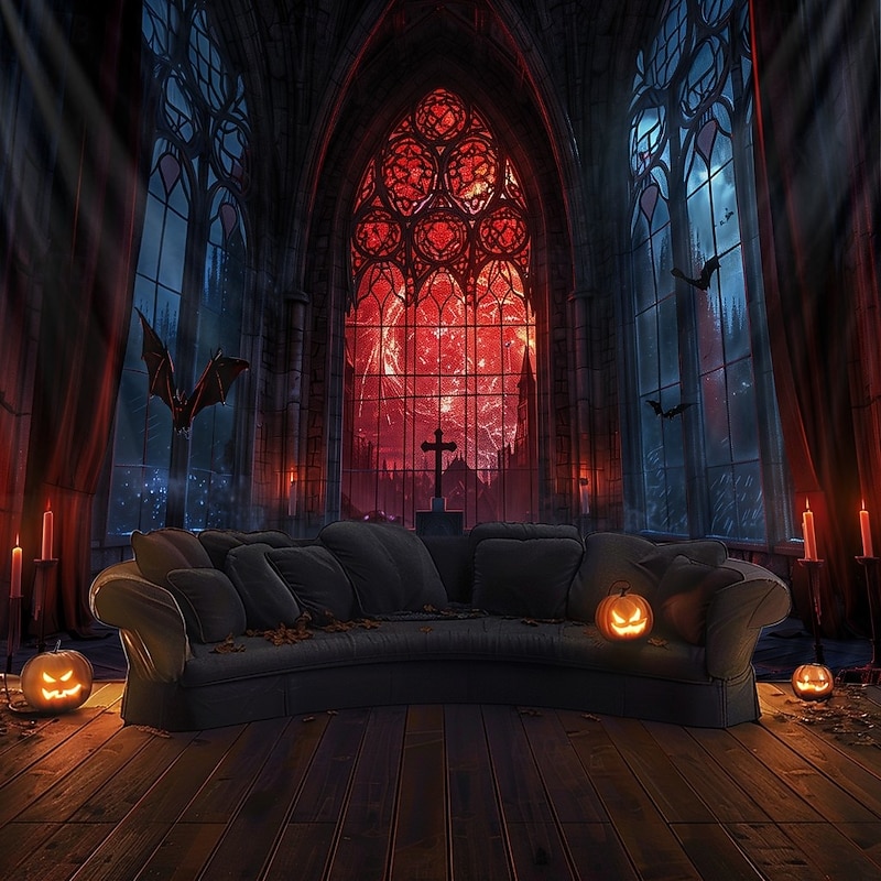 Halloween Gothic Cathedral Wall Tapestry – Red Stained Glass Window Scene with Dark Ambiance, Horror Backdrop for 2025 Halloween Living Room, Bedroom, Haunted House Decoration