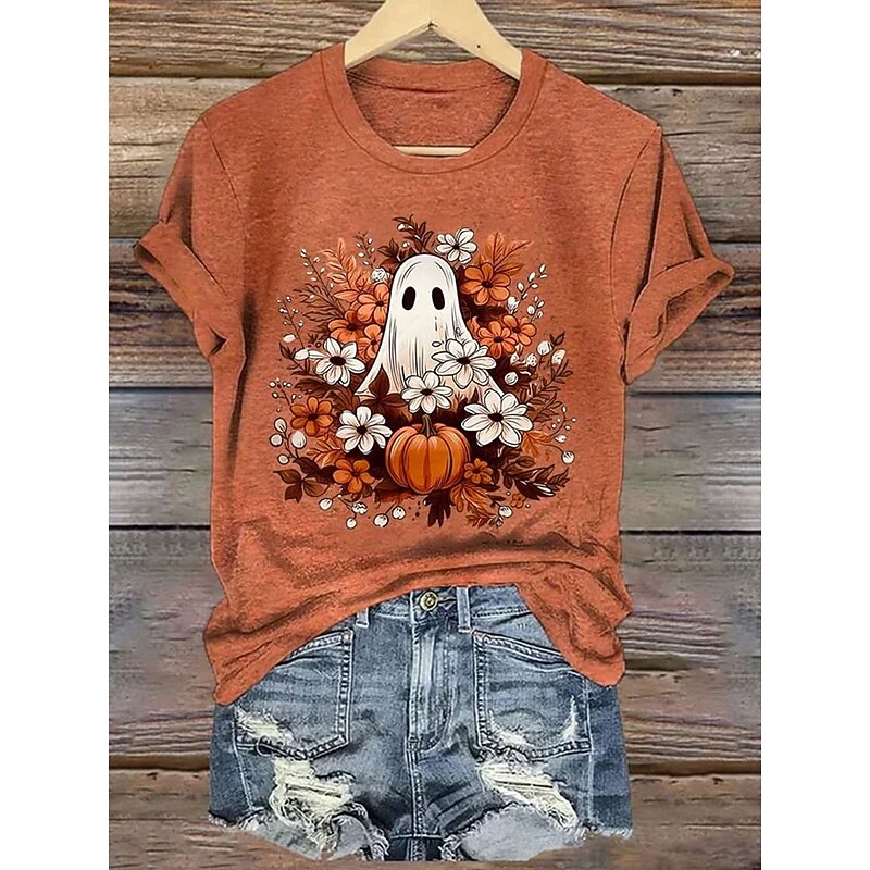 Halloween Women's T shirt Ghost Graphic Vintage Stylish Classic Short Sleeve Crew Neck Regular Tops Daily Weekend Print Black White Orange Green Summer Spring Fall