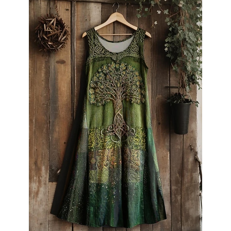 Women's Vintage Viking Celtic Knot  Gradient Art Midi Dress Sundress A Line Dress Vacation Casual Boho  Going out Regular Fit Floral Graphic Leaf Sleeveless U Neck