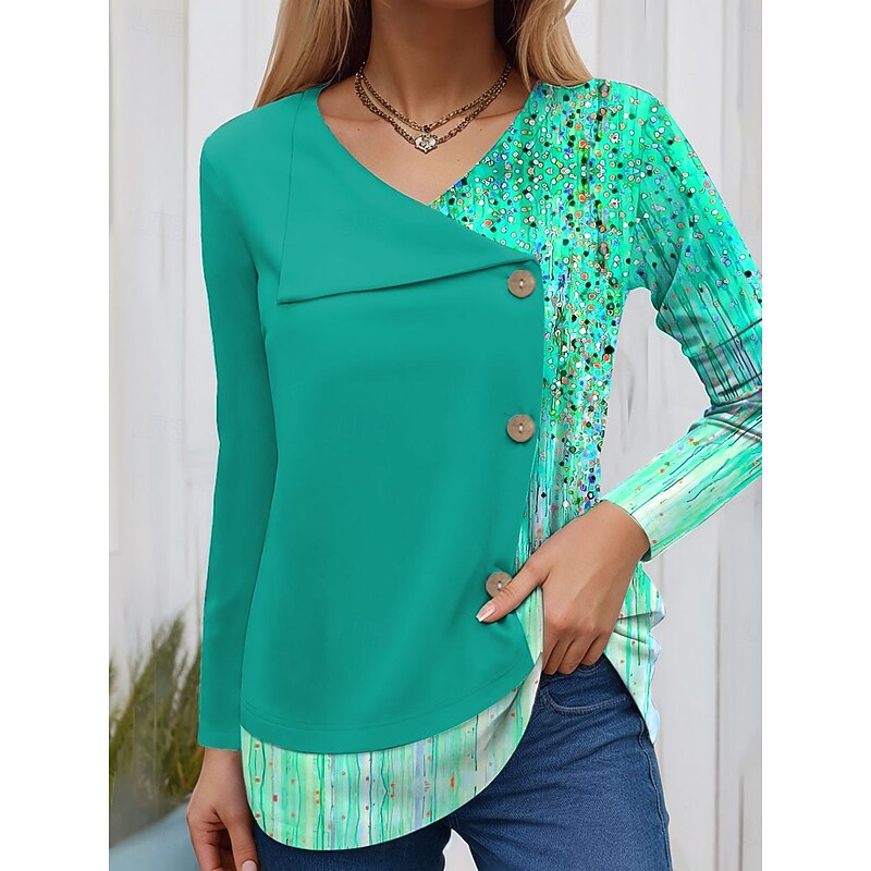 Women's Blouse Tunic V Neck Long Sleeve Buttons Ombre Graphic Geometric Fashion Casual Crew Neck Regular Tops Daily Patchwork Print Red Blue Purple Green Spring Fall Winter2