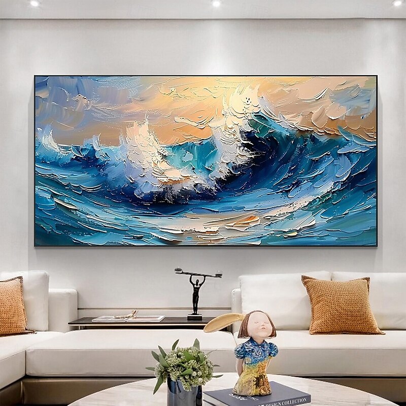 Mintura Handmade Sea Wave Oil Paintings On Canvas Wall Art Decoration Modern Abstract Ocean Seascape Picture For Home Decor Rolled Frameless Unstretched Painting