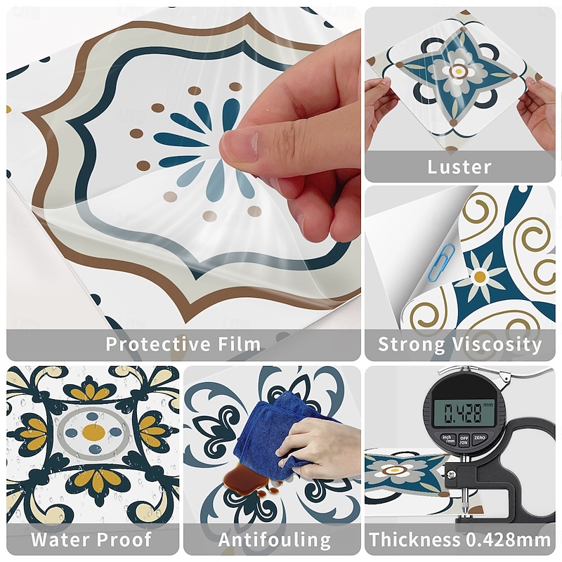 24pcs Thickened crystal filmMoroccan Style TileStickers Retro PVC Wall DecorWaterproof & Oil-proof RemovableFor Bathroom Kitchen DecorVintage Home Decor4