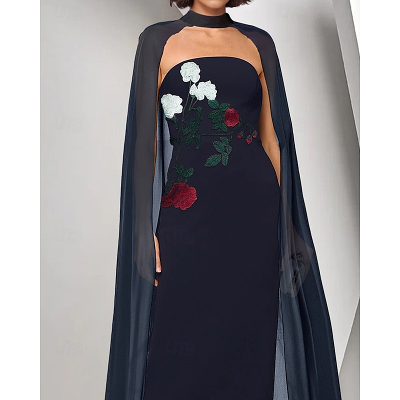 Embroidered Floral Dress Cape Dress Sheath / Column Evening Gown Stretch Crepe Elegant Dress Formal Wedding Floor Length Sleeveless Strapless2