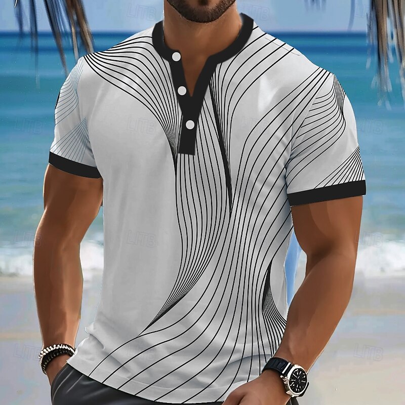 Men's Abstract Geometrical T Shirt Henley Shirt Short Sleeve Designer Retro Vintage Casual Street Casual Daily Summer Spring Lake blue Black Red Navy Blue Henley Henley T-Shirt2