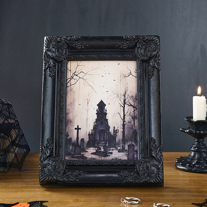 Halloween Resin Tombstone Photo Frame, Black Gothic Desktop Picture Frame Ornament for Halloween Bedroom, Office, and Study Table Decoration3