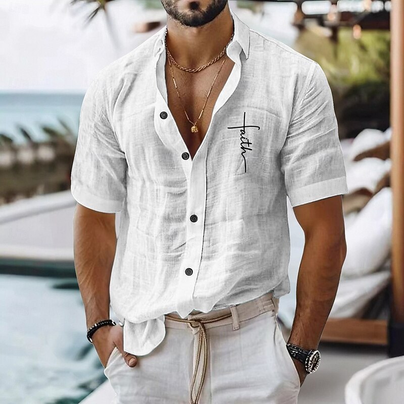 Men's Linen Shirt Casual Shirt Cotton Linen Shirt Button Up Shirt Faith Vacation Daily Wear Black White Light Green Pink Short Sleeve Lapel All Seasons Clothing Apparel Buckle2