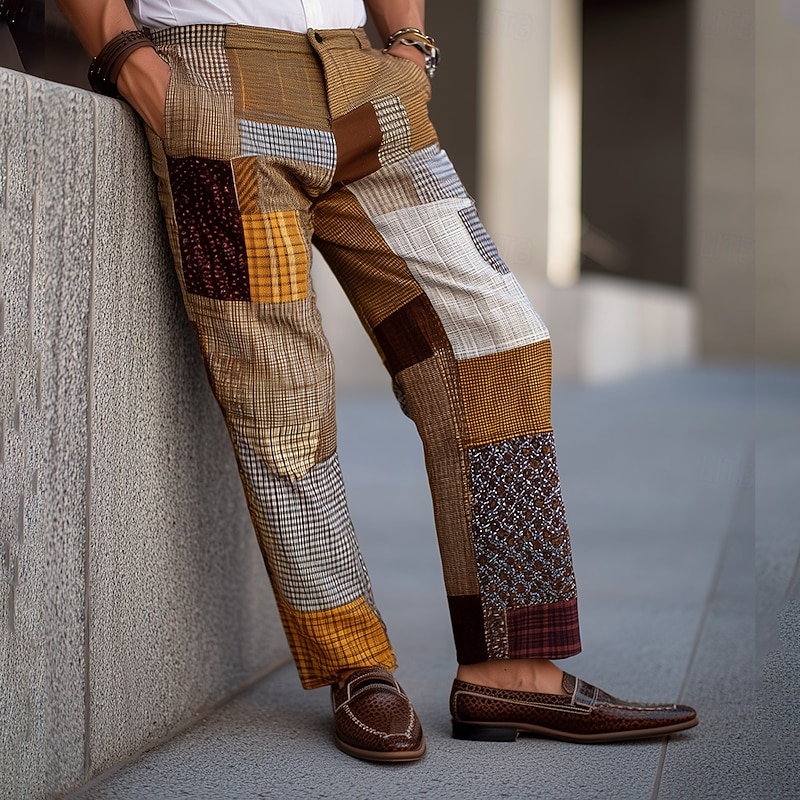Men's Geometric Color Block Patchwork Dress Pants Trousers Suit Pants Mid Waist Vintage Retro Outdoor Vacation Regular Fit Flat-Front Straight Leg Pants with Pockets Summer Spring Fall 3D Print Wine