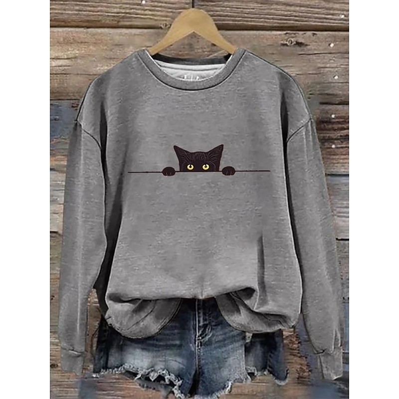 Halloween Women's Pullover Sweatshirt Black Cat Graphic Animal Cat Fashion Casual Long Sleeve Crew Neck Regular Tops Street Dailywear Casual Print White Pink Orange Beige Gray Fall Winter2