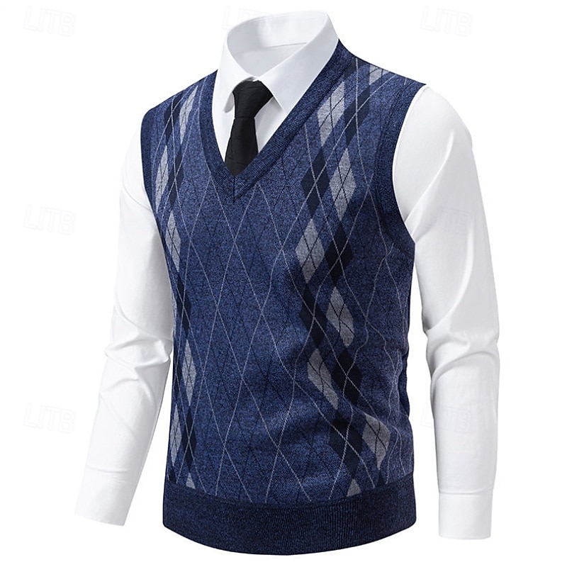 Men's Sweater Sweater Vest Pullover Sweater Jumper Ribbed Knit Regular Tops Knitted Slim Fit Argyle V Neck Knitwear Contemporary Formal Casual Clothing Apparel Fall Blue Light Grey L XL 2XL3