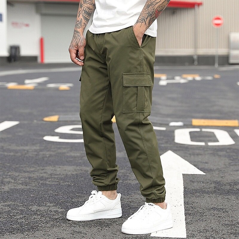Men's Cargo Pants Joggers Trousers Elastic Waist Drawstring Multi Pocket Plain Wearable Outdoor Daily Camping & Hiking Fashion Classic Black Army Green3