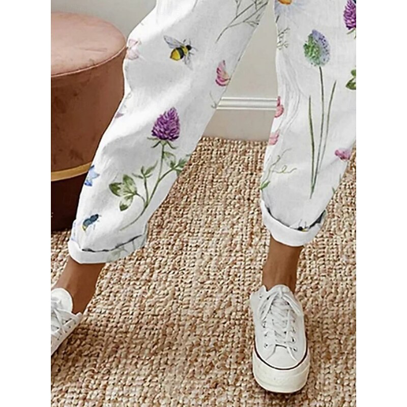 Women's Chinos Pants Trousers Active Casual Daily Long High Waist Floral Pocket Printing Elastic Drawstring Design Breathability Soft Micro-elastic Vacation Street Daily Wear White Spring Fall3