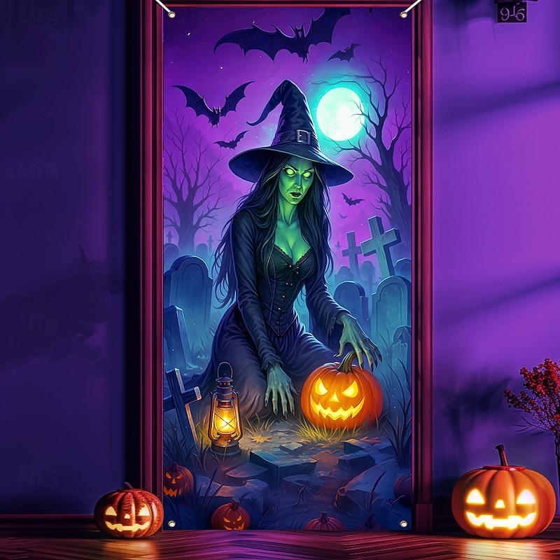Halloween Door Cover Neon Witch over Cauldron Banner, Glowing Blacklight Entrance Decoration for Outdoor & Indoor 2025 Halloween Bedroom, Living Room, Bathroom