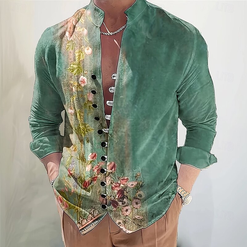Men's Floral Print Flowers Shirt Stand Collar Shirt Long Sleeve Casual Vacation Daily Wear Going out Spring Fall Mandarin Collar Band Collar Button-Down Linen Like Shirt Green