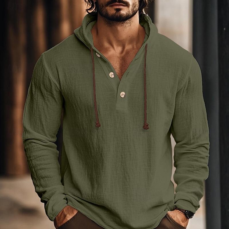 Men's Shirt Linen Shirt Hooded Shirt Plain Vacation Casual White Blue Green Coffee Long Sleeve Hooded Fall Spring & Summer Clothing Apparel
