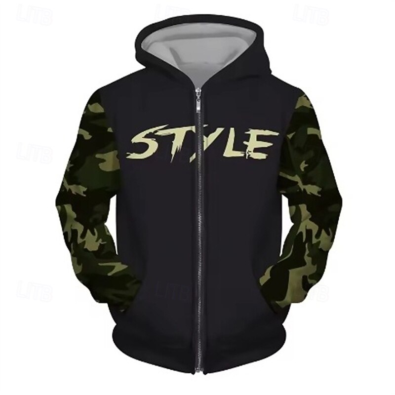 Men's Hoodie Full Zip Hoodie Black Brown Khaki Hooded Letter Camo / Camouflage Patchwork Pocket Sports & Outdoor Daily Holiday Polyester Streetwear Basic Casual Spring Fall Clothing Apparel Hoodies