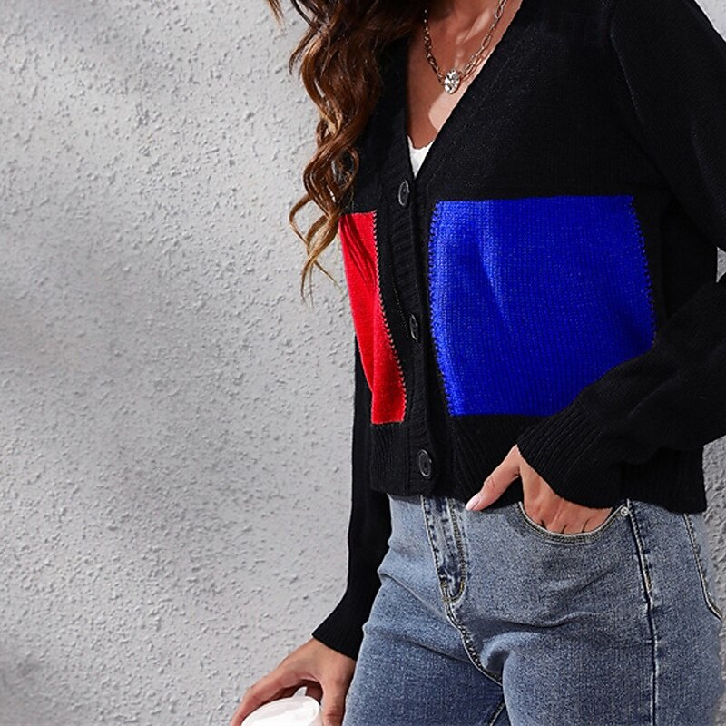 Women's Pullover Casual Color Block Chunky V Neck Knitted Long Sleeve Crop Tops Knit Daily Holiday Going out Pink Blue Fall Winter3