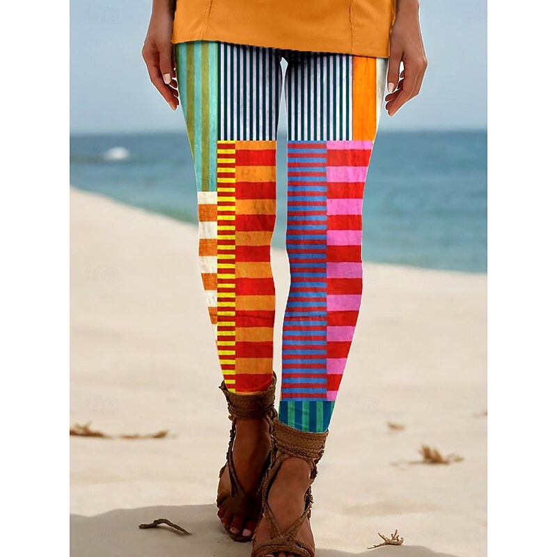 Women's Leggings Vacation Vintage Ethnic Style Ankle-Length High Waist Graphic Geometric Plaid Checkered 3D Print Breathability Soft Comfortable High Elasticity Outdoor Home Causal Violet Blue Rainbow