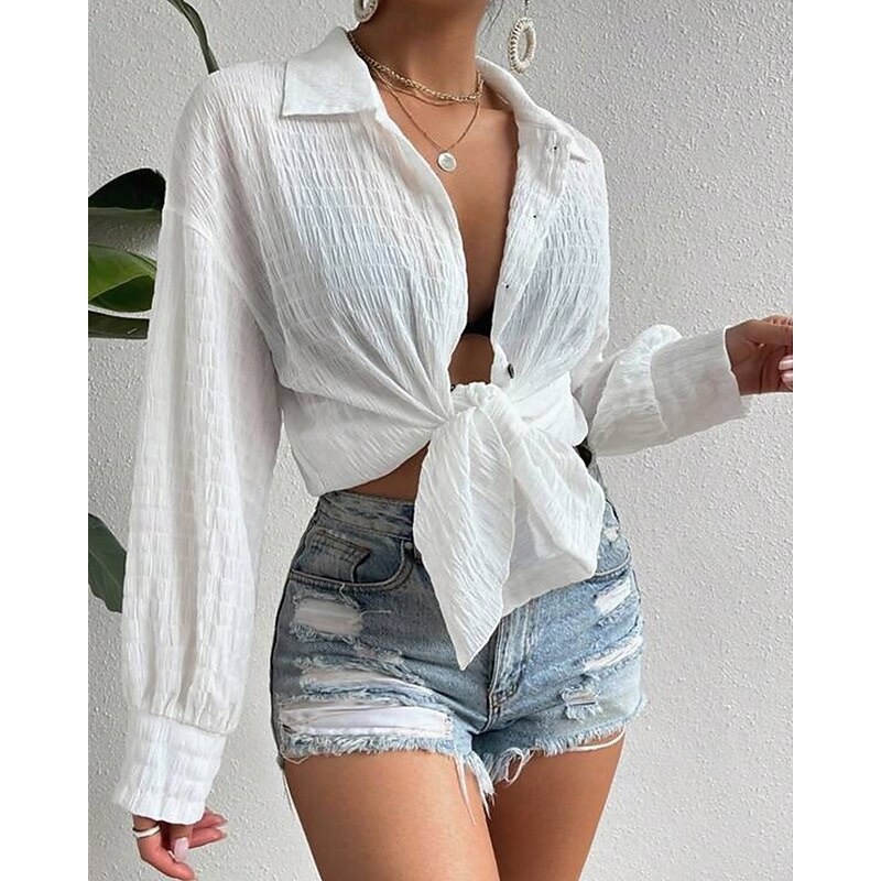 Women's Shirt Texture Blouse Plain Daily Stylish Basic Long Sleeve Batwing Sleeve Shirt Collar Regular Tops Work Daily Holiday Buttons Black White Khaki Spring Fall2